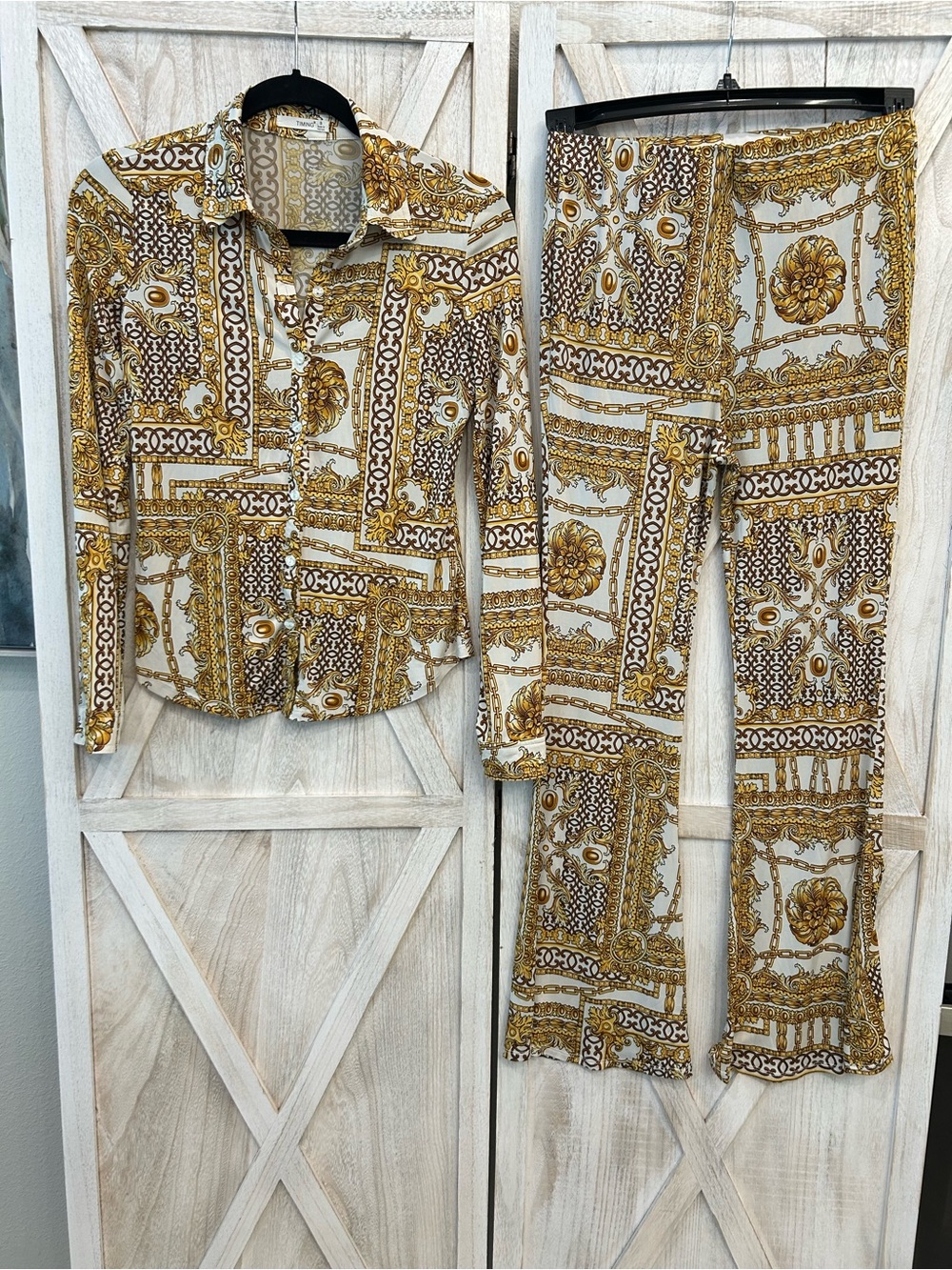 Timing Gold & White Chain-Print Boot Cut Pantsuit